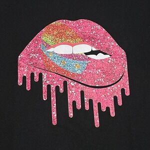 Gildan Black Glitter Dripping Lips Graphic Tee‎ Shirt Size Large